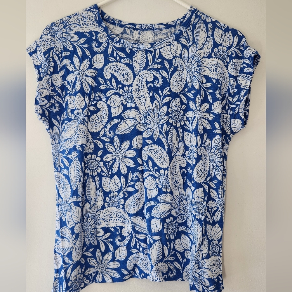 Loft Blue Floral Linen Short Sleeved Tee